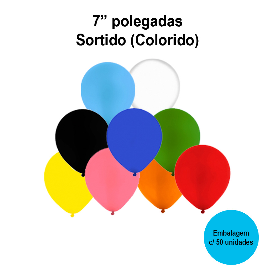 Balão Festball Liso Sortido (Colorido) 7'' Polegadas - 50 unidades