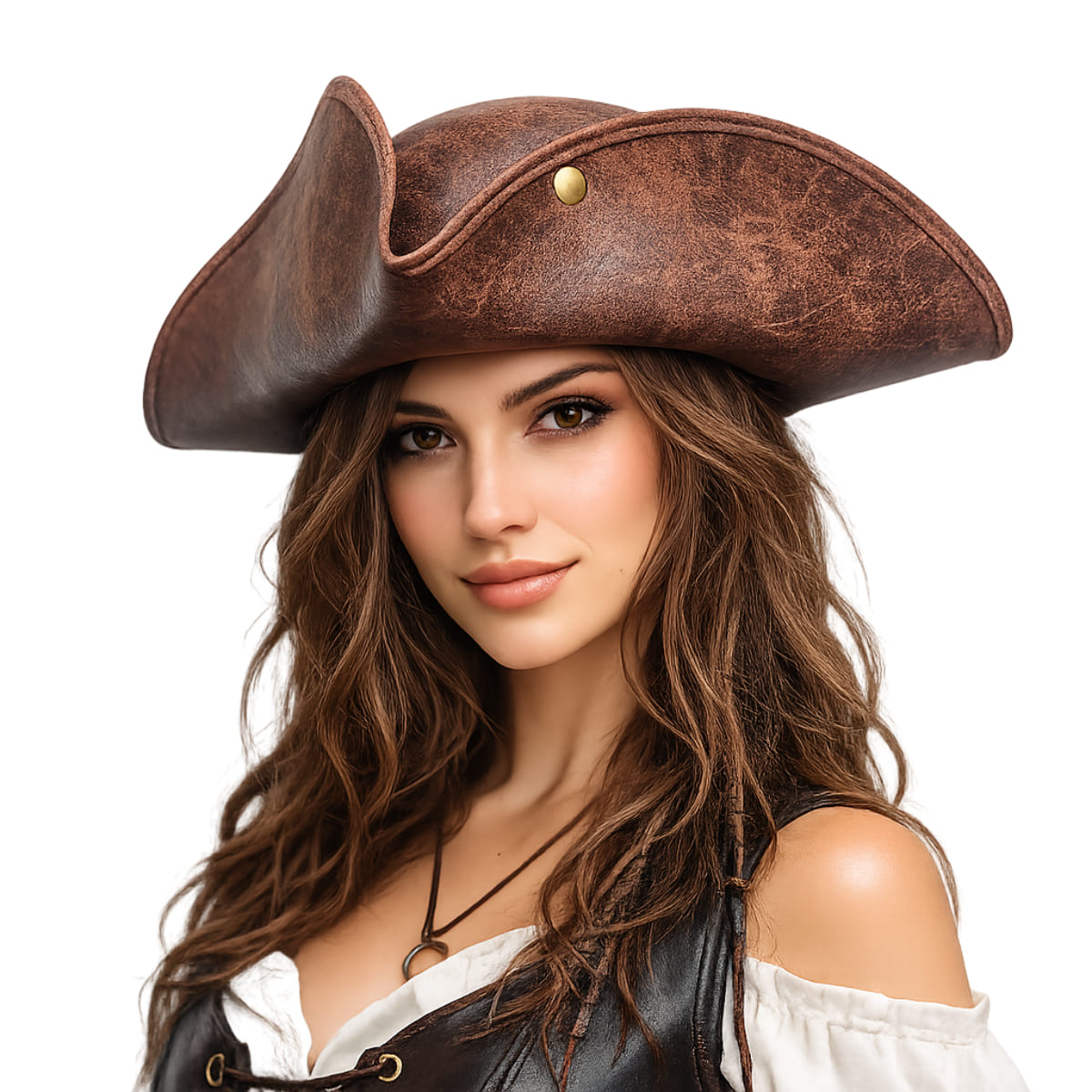 Chapéu Pirata Super Luxo Couro Sintético Marrom