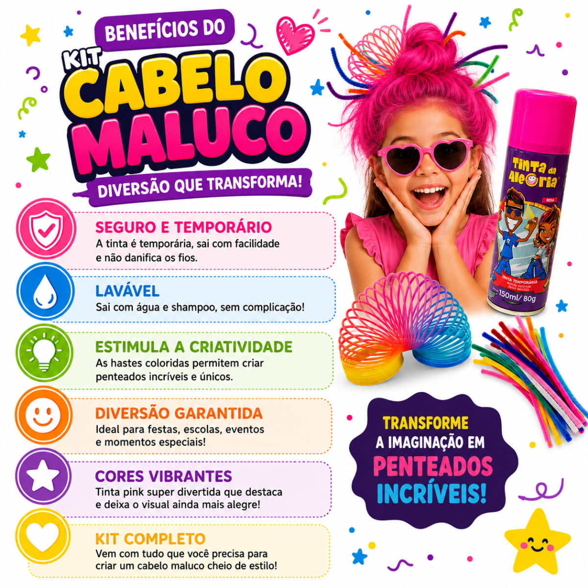 Kit Cabelo Maluco Mola Pequena, Hastes Chenille e Tinta Pink