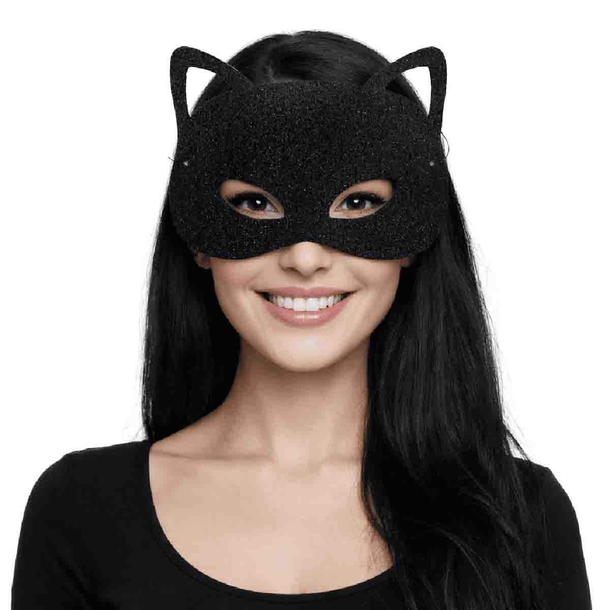 Máscara Gatinha Glitter Preta Folia Bloquinho Festa Carnaval