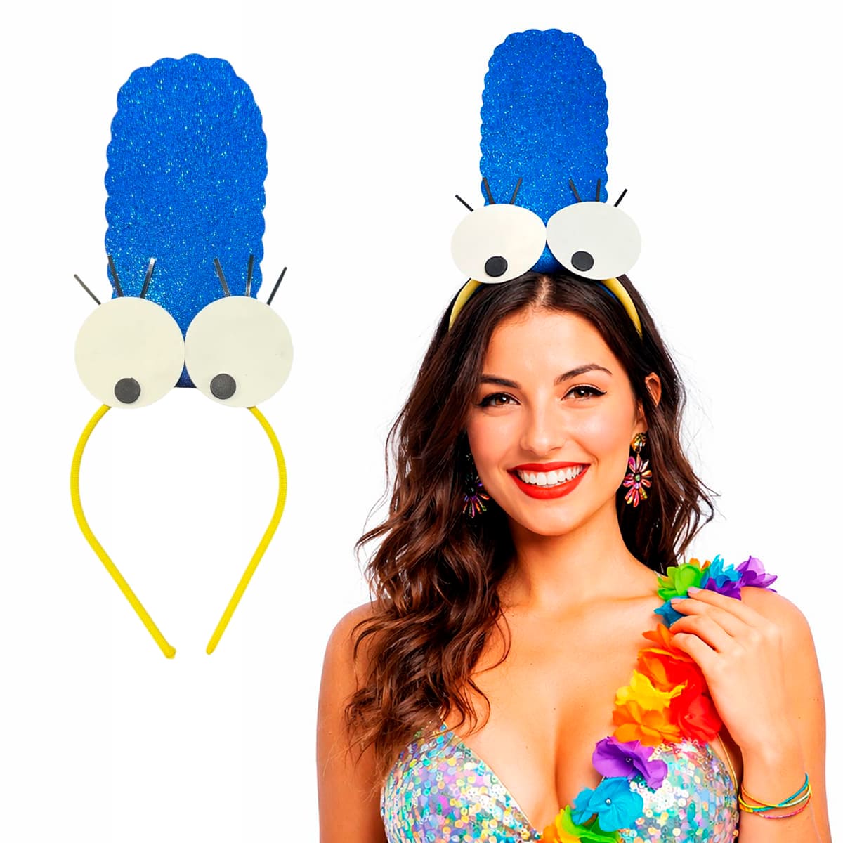 Tiara Maluca Cabelão Azul Com Olhos e Cílios Carnaval