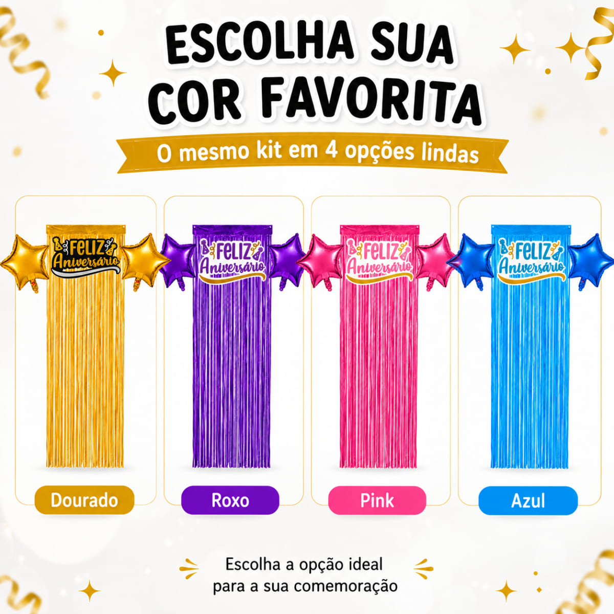 Kit Decoração Feliz Aniversário 2 Balões 1 Cortina 1 Painel