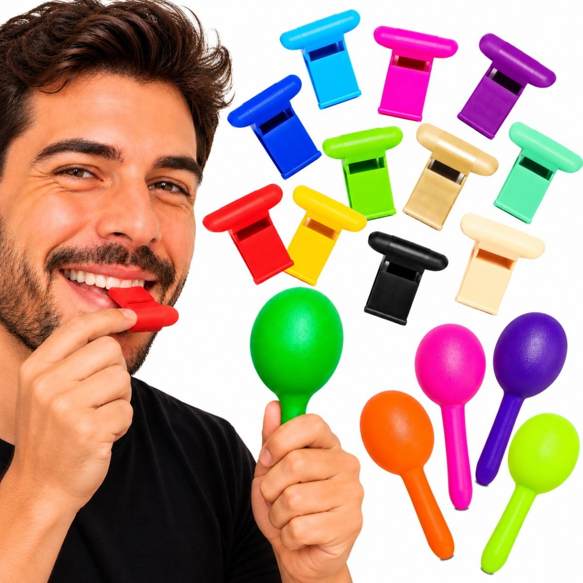 Kit Do Barulho Com 5 Maracas 12 Apitos Alegrar Sua Festa
