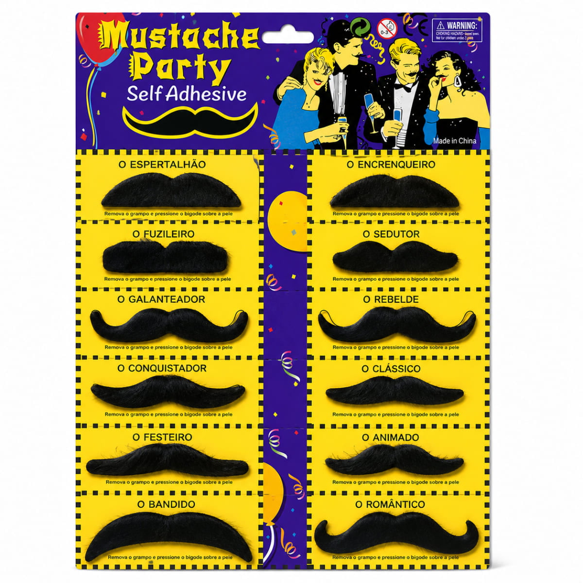 Cartela de Bigode Mustache Modelos Diversos - 12 unidades