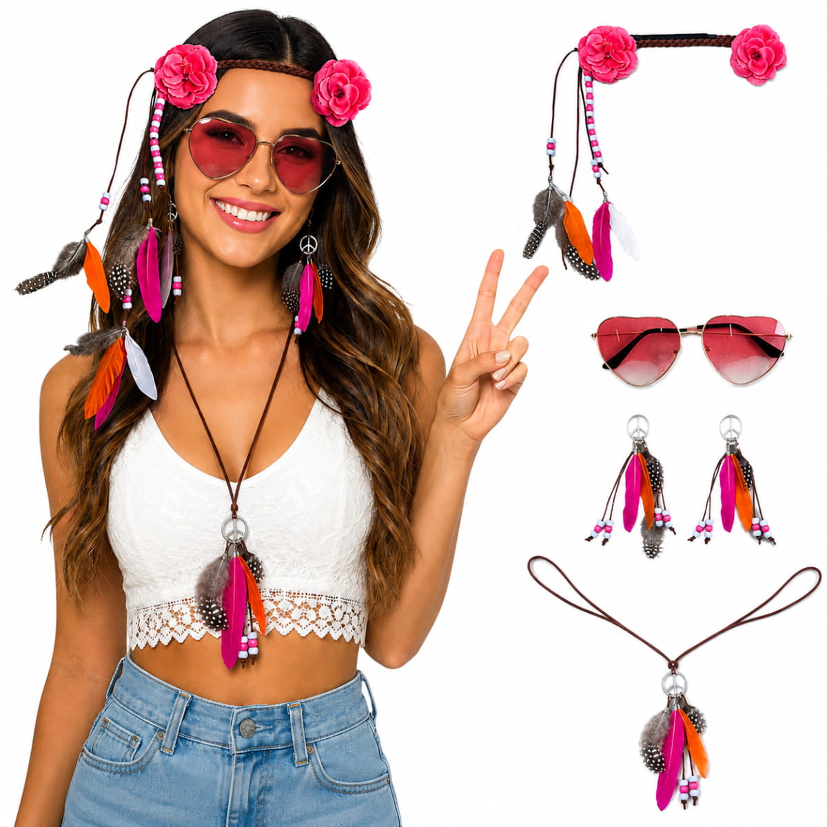 Kit Acessórios Fantasia Hippie Feminina 4 Itens