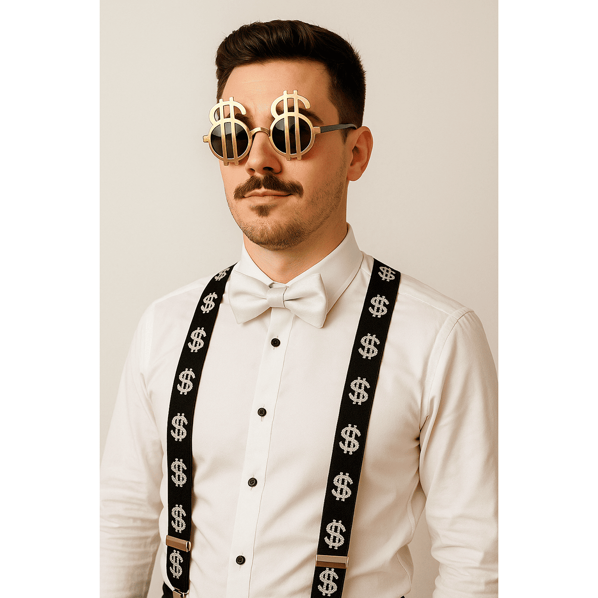 Kit Ostentação Dinheiro Cifrão (Suspensório + Gravata + Óculos Cifrão)