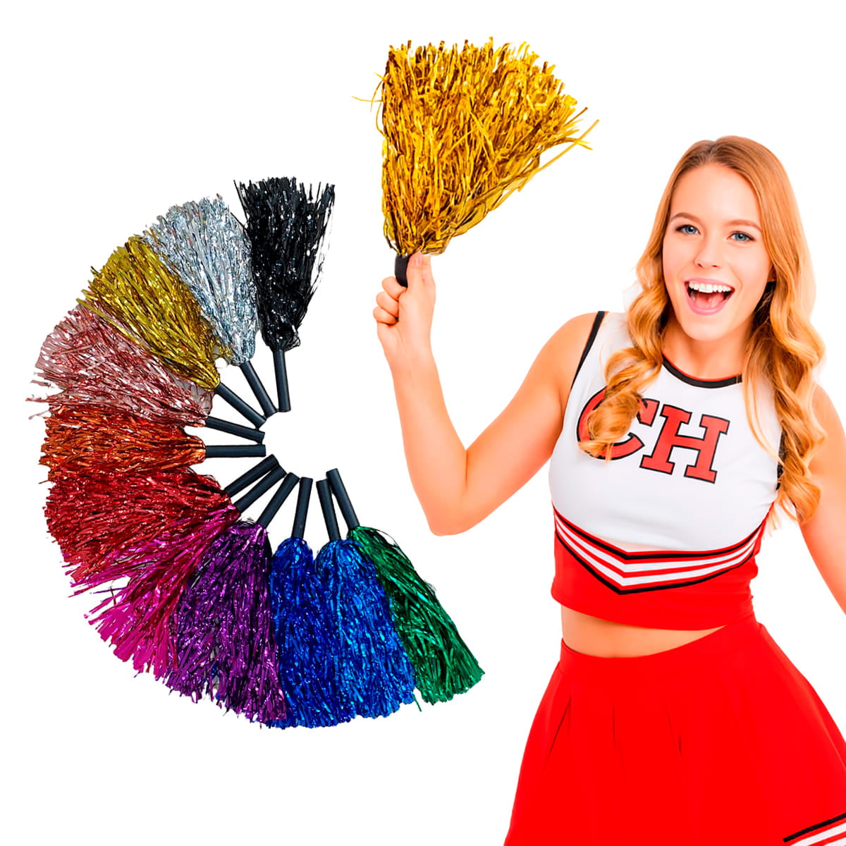 Pompom Metalizado Mamãe Sacode com Cabinho Escolha a Cor