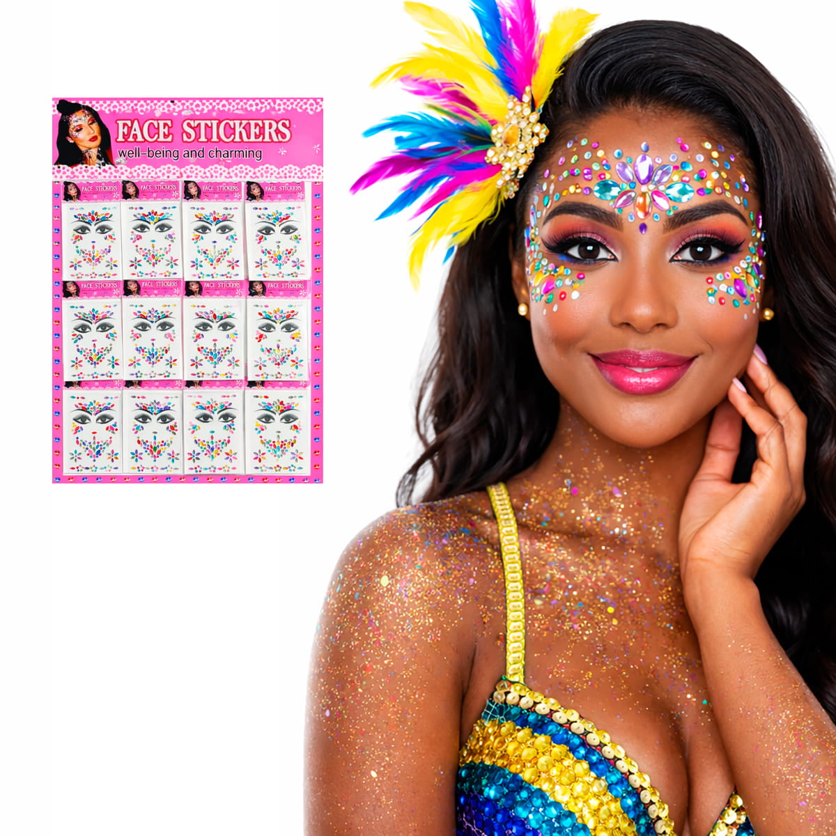 Kit Cartela de Pedrinhas Adesivas Face Stickers com 12 unidades