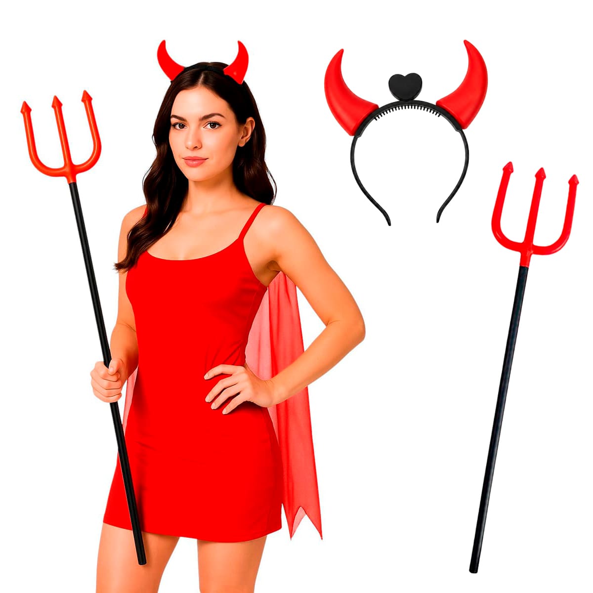 Kit Fantasia Diabinha Trispeto Tridente Tiara Diabinho Pisca