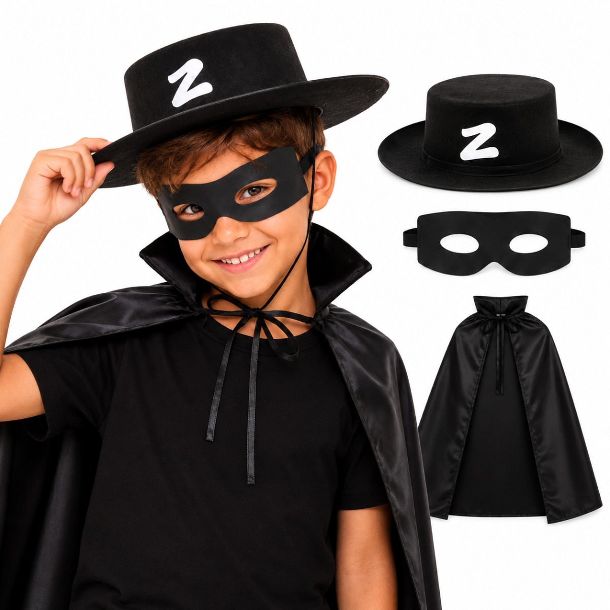 Kit Fantasia Zorro Infantil Crianças Com Chapéu Capa Máscara
