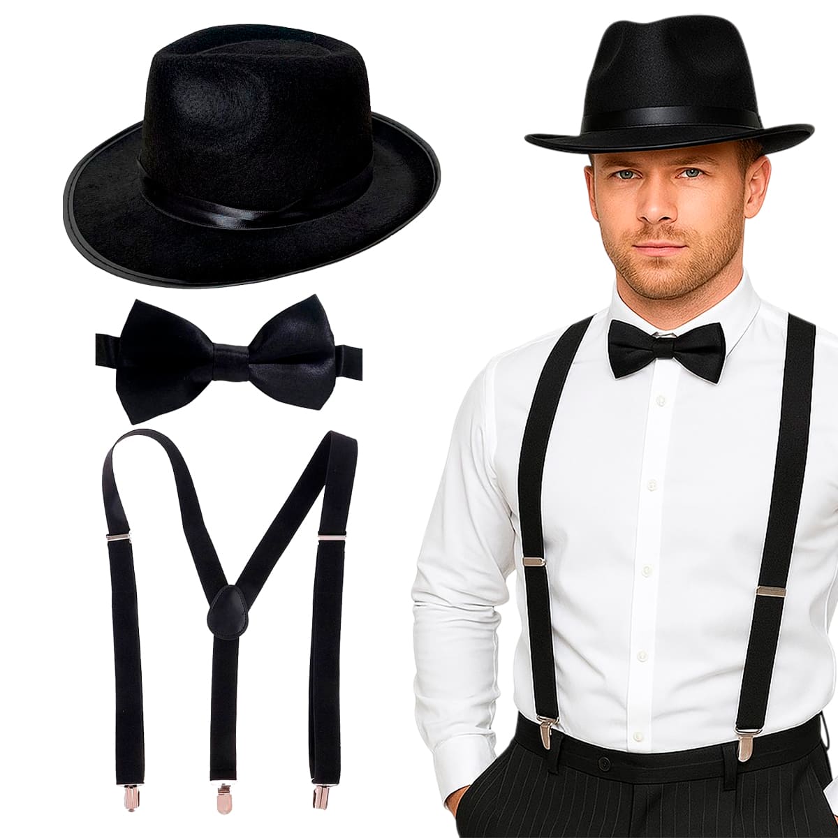 Fantasia Gangster Mafioso Chapéu + Gravata + Suspensório