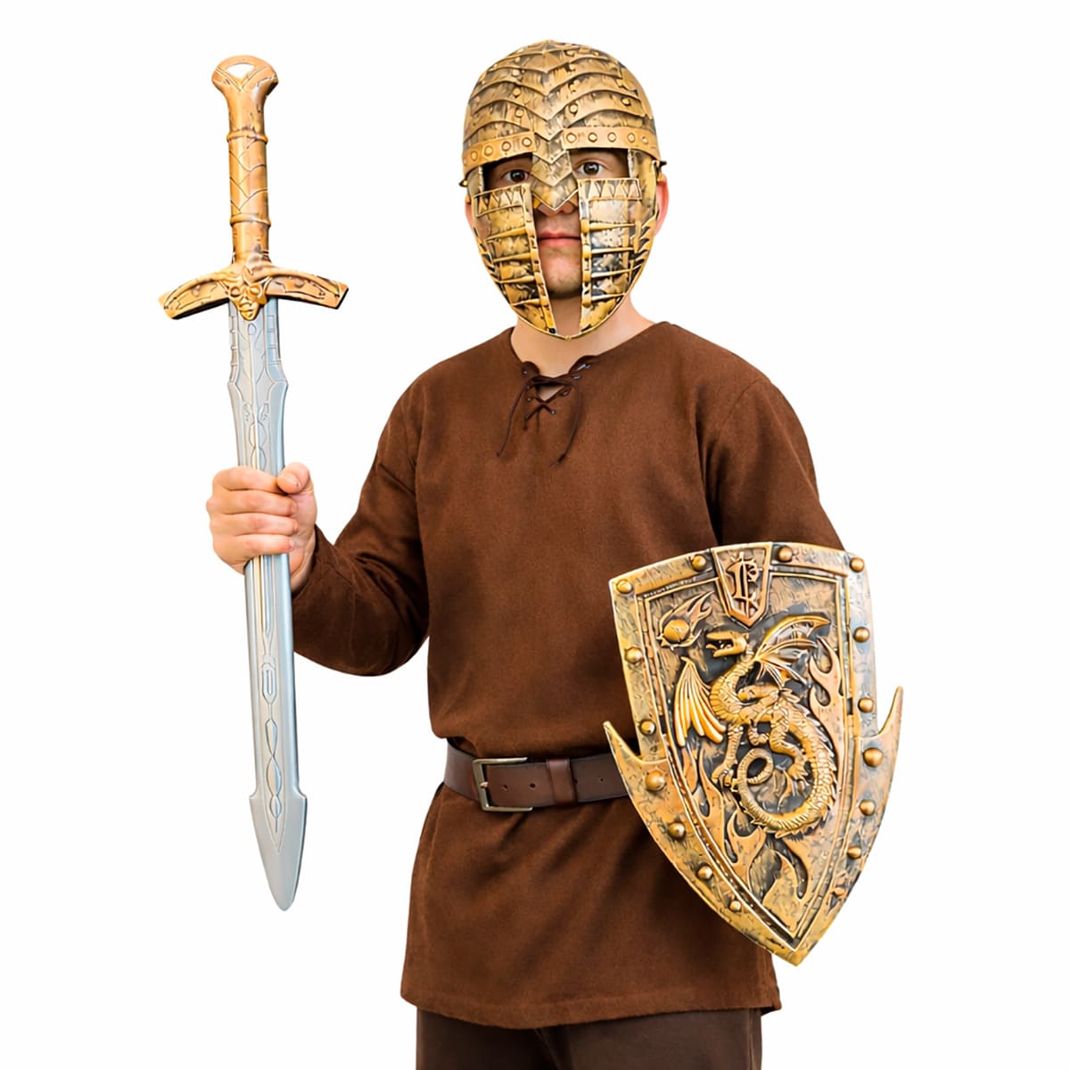 Kit Acessórios Guerreiro Medieval (Máscara + Espada + Escudo)