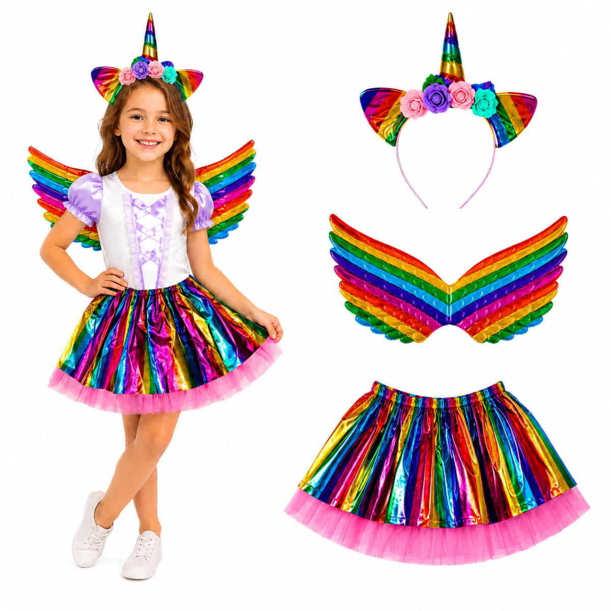 Kit Fantasia Unicórnio Lame Infantil (Asa + Saia + Tiara)
