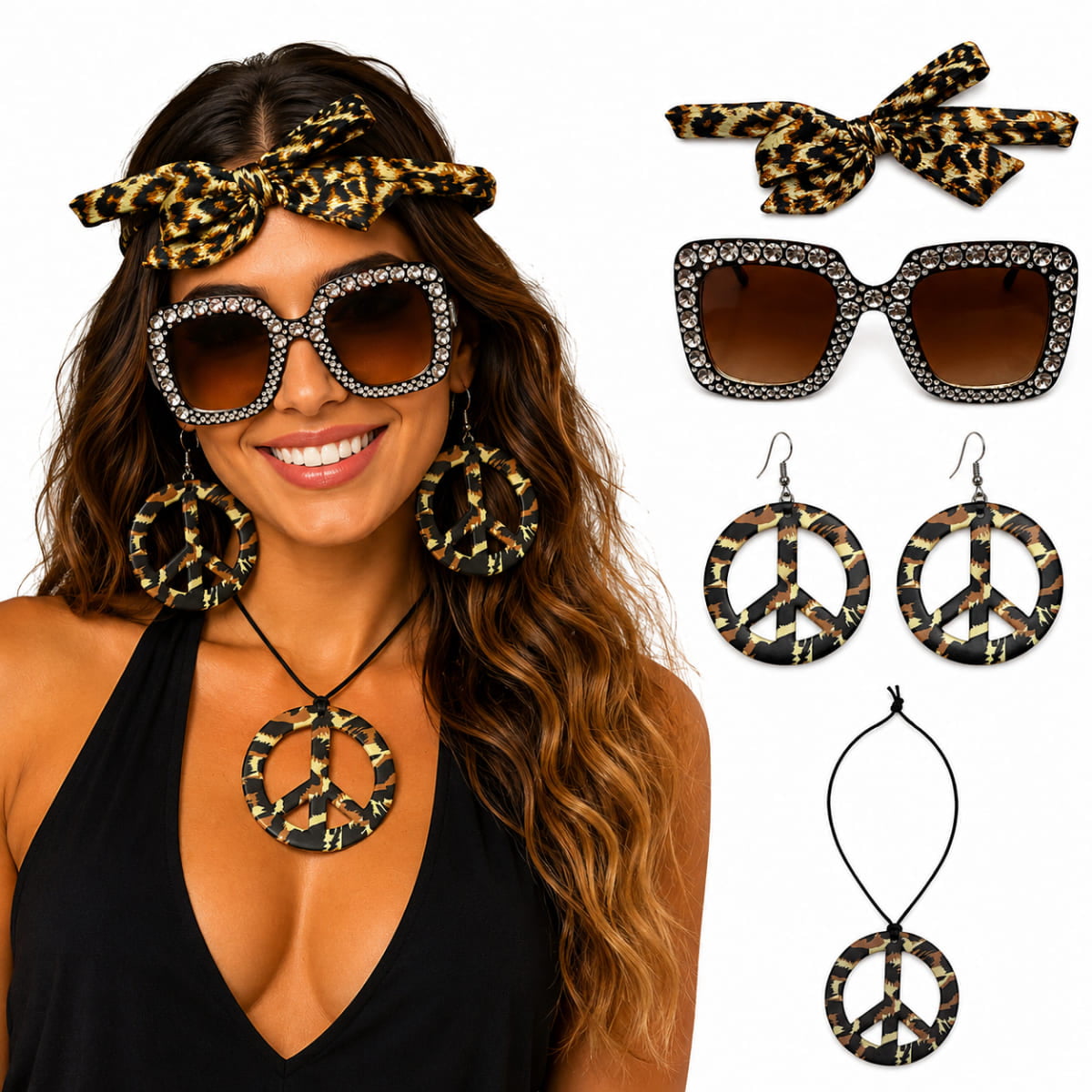 Kit Hippie Luxo Estampado (Óculos + Faixa + Colar + Brincos)