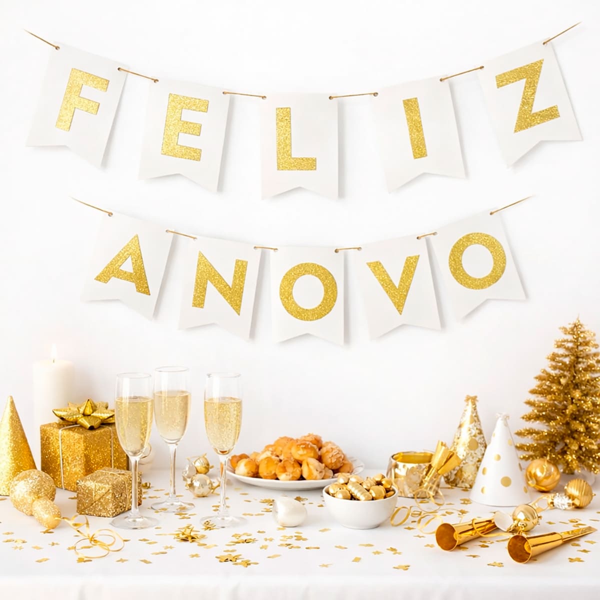 Enfeite Bandeirinha Frase Feliz Ano Novo Dourado