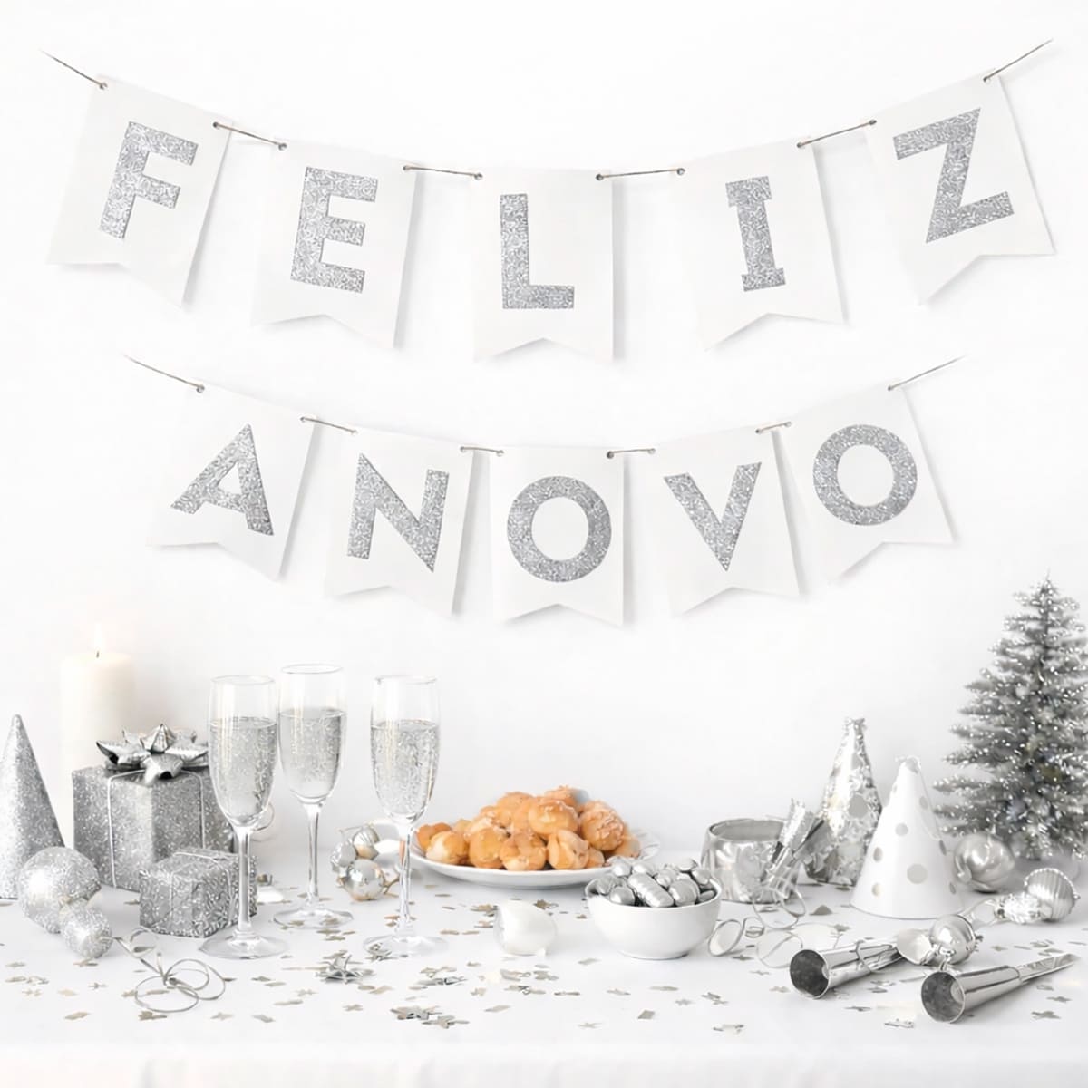 Enfeite Bandeirinha Frase Feliz Ano Novo Prata