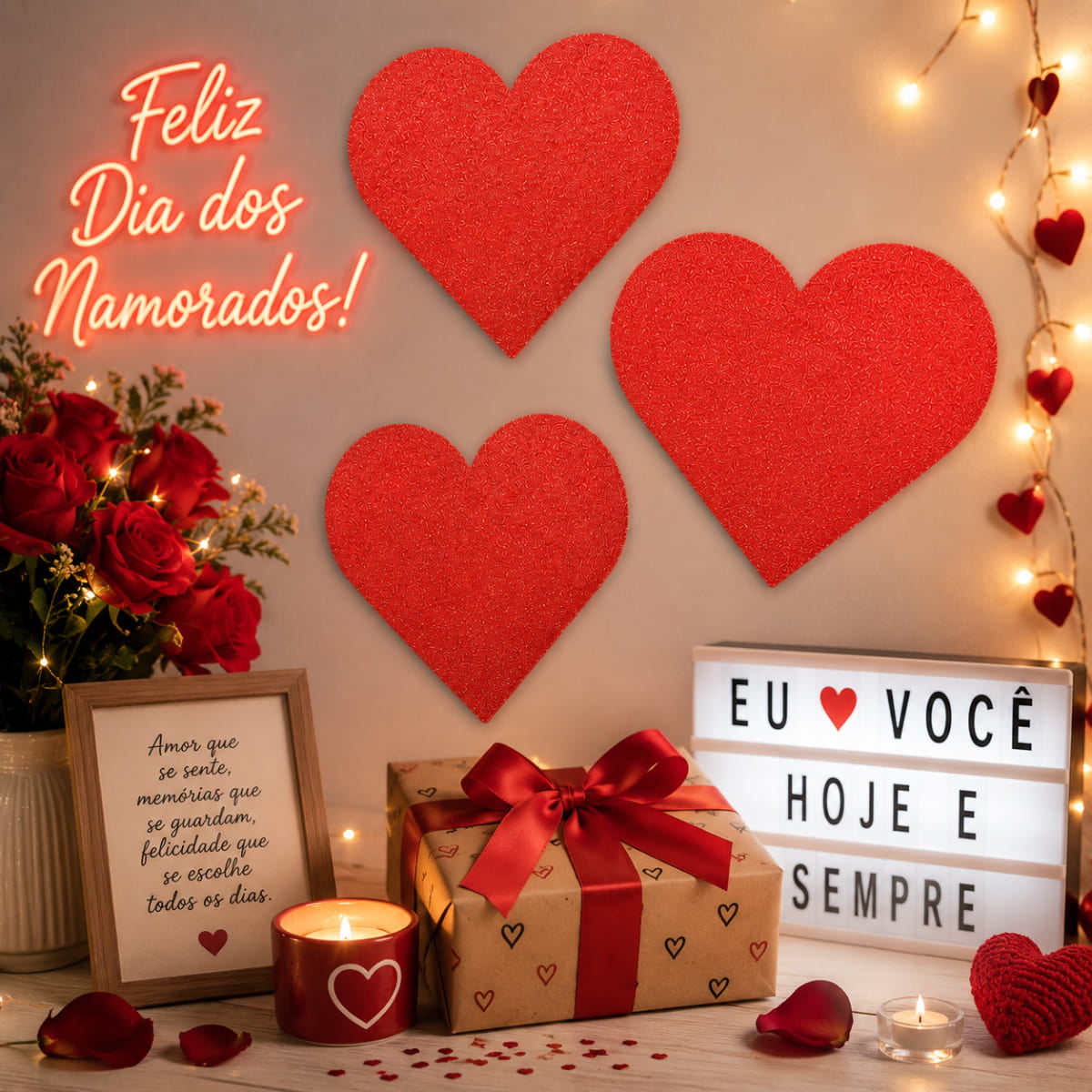 Aplique Coração EVA Glitter 25x20 cm 3 Unidades