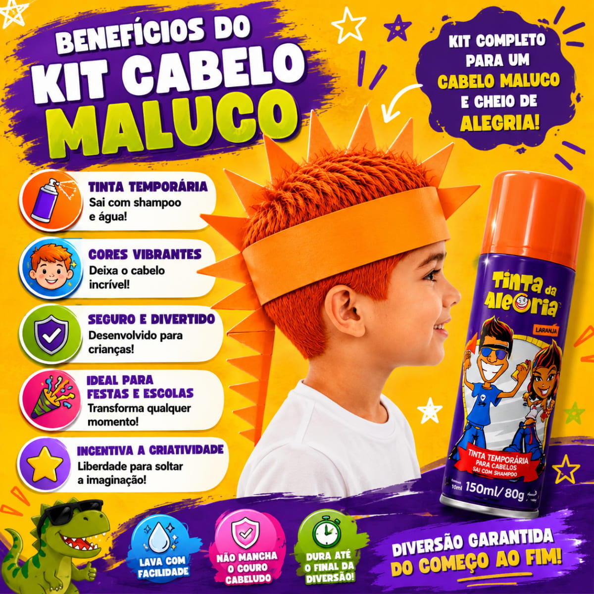 Kit Cabelo Maluco Dinossauro com Tinta e Acessório de Cabeça