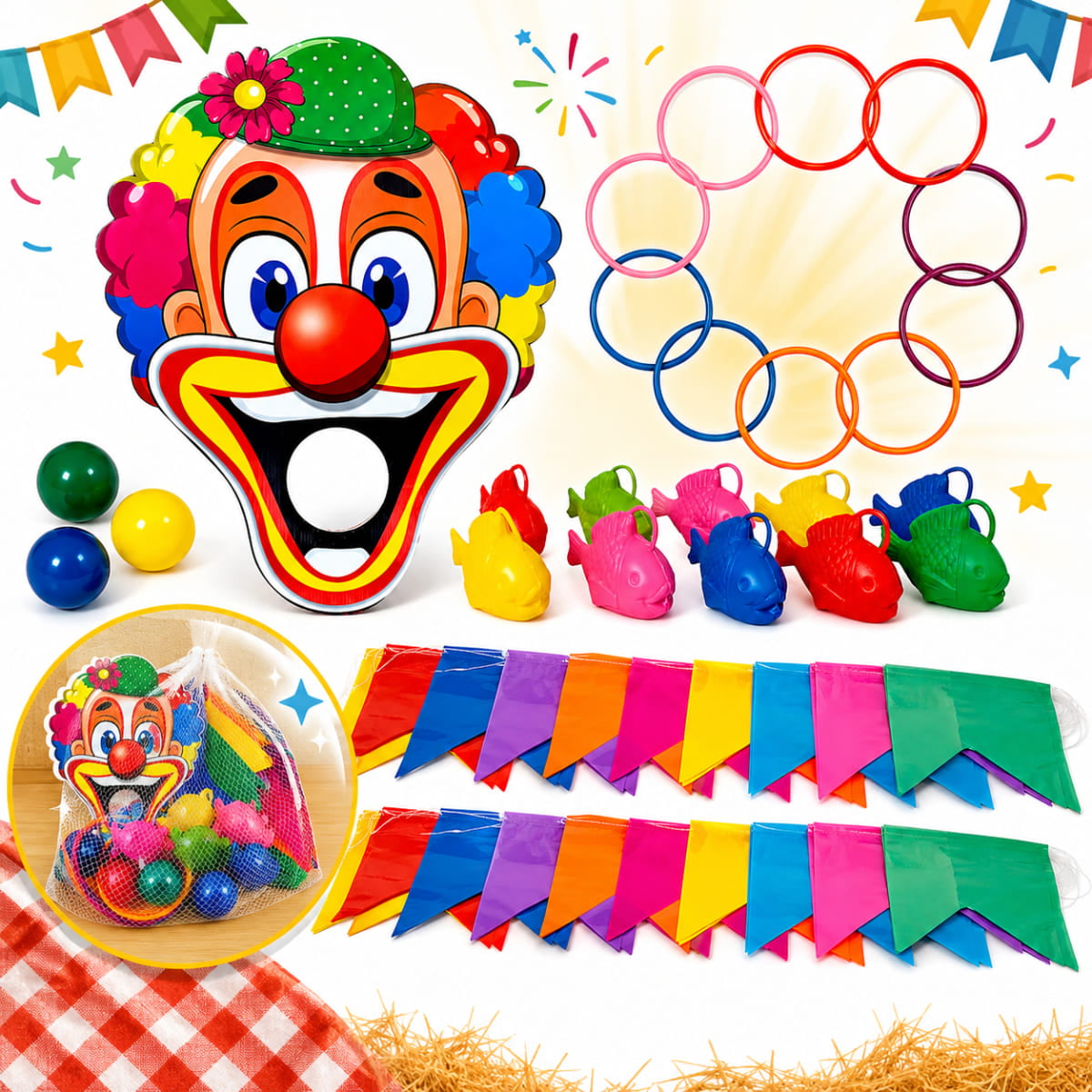 Kit Festa Junina Bocão Palhaço Bandeirinhas Argolas Peixinho