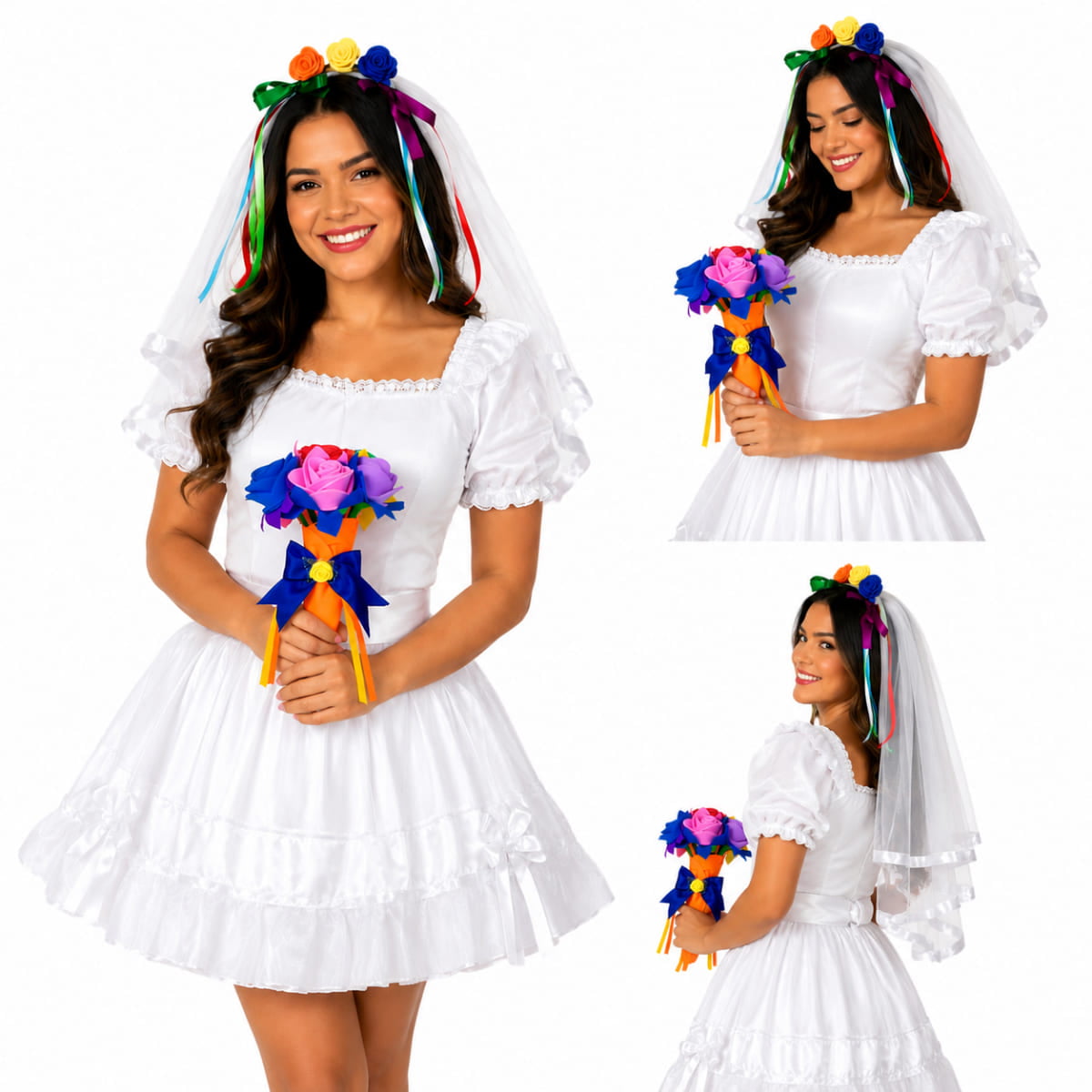 Kit Fantasia Noivinha Festa Junina Com 1 Buquê + 1 Veuzinho