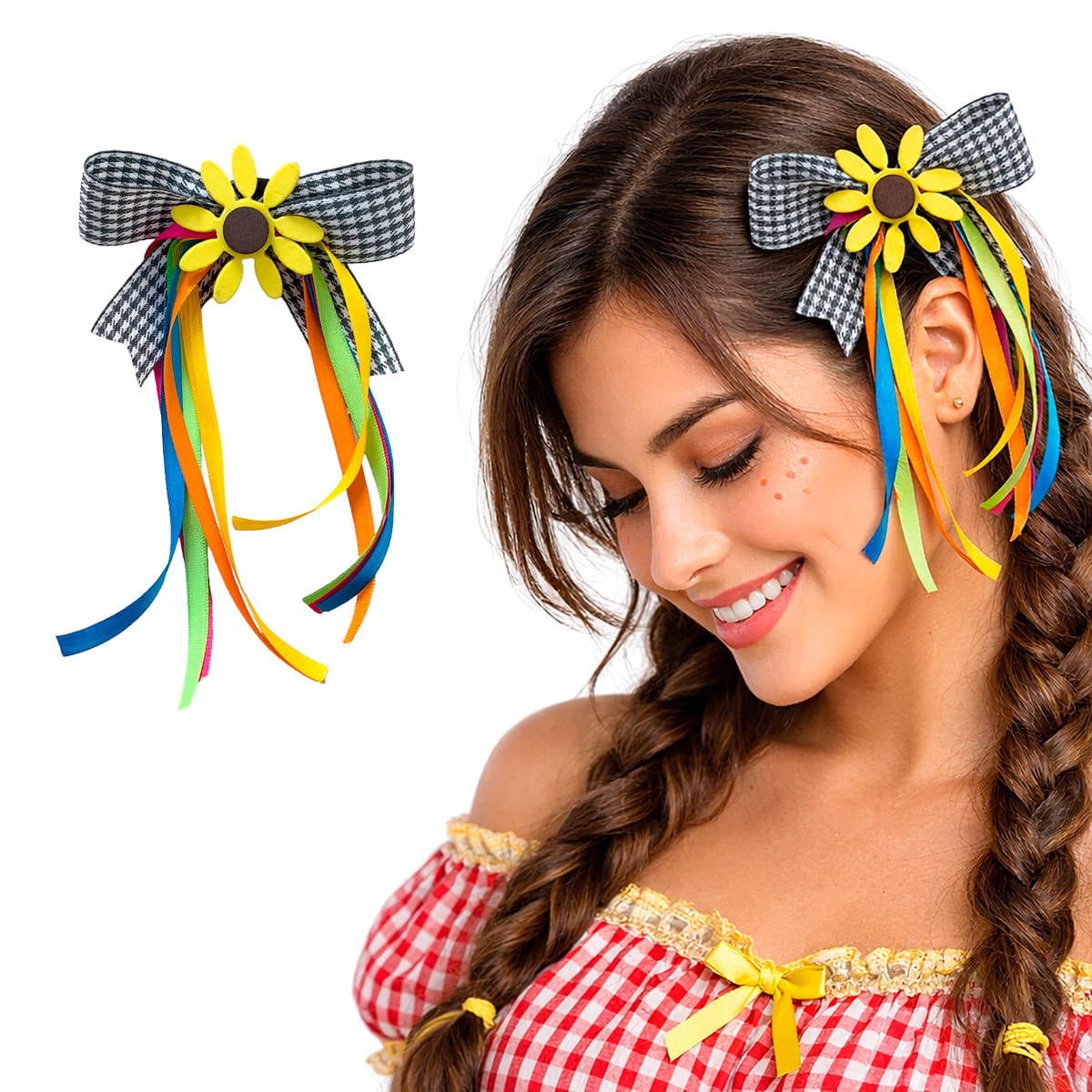 Laço Xadrez Girassol Acessório Caipira Arraiá Festa Junina