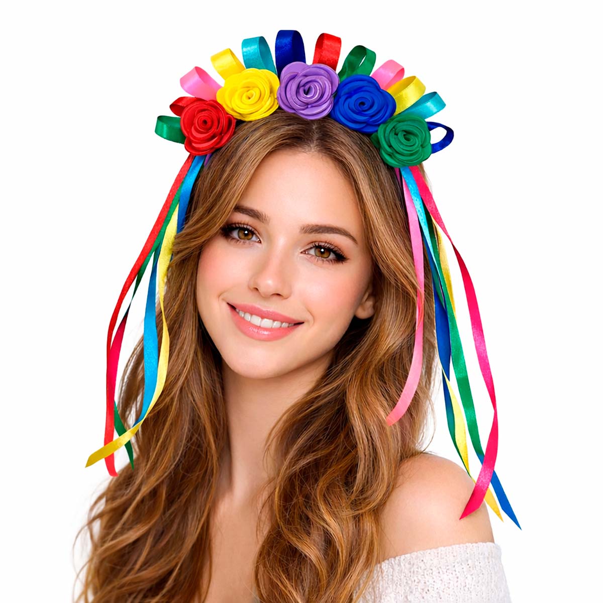 Tiara Com Fitas e Flores Coloridas Carnaval Festa Junina