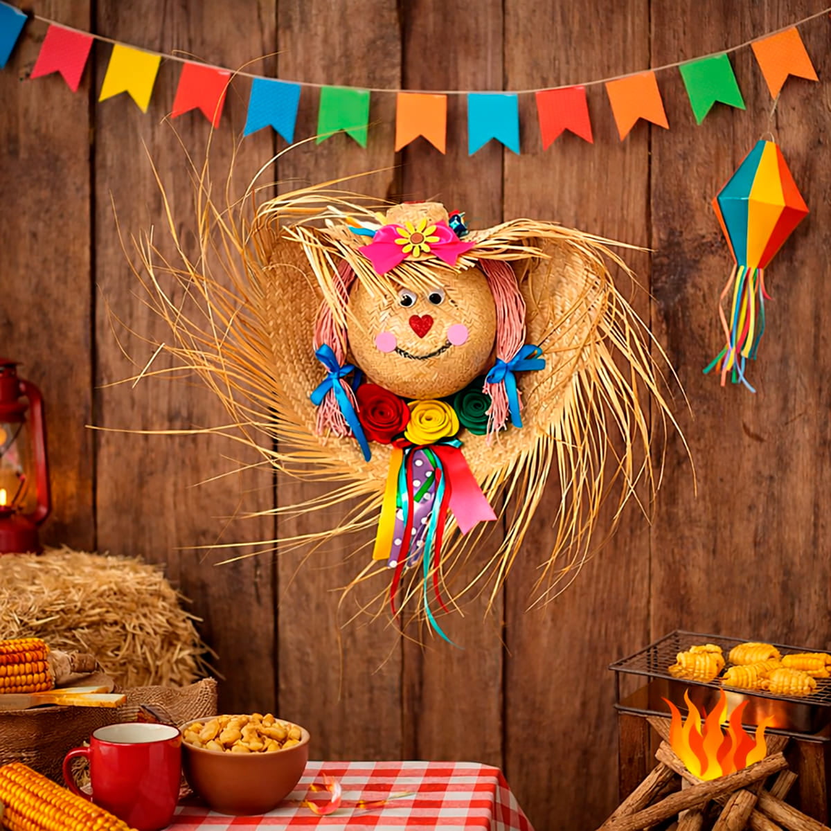 Enfeite Chapéu de Palha Decorado Espantalha Decoração de Festa Junina