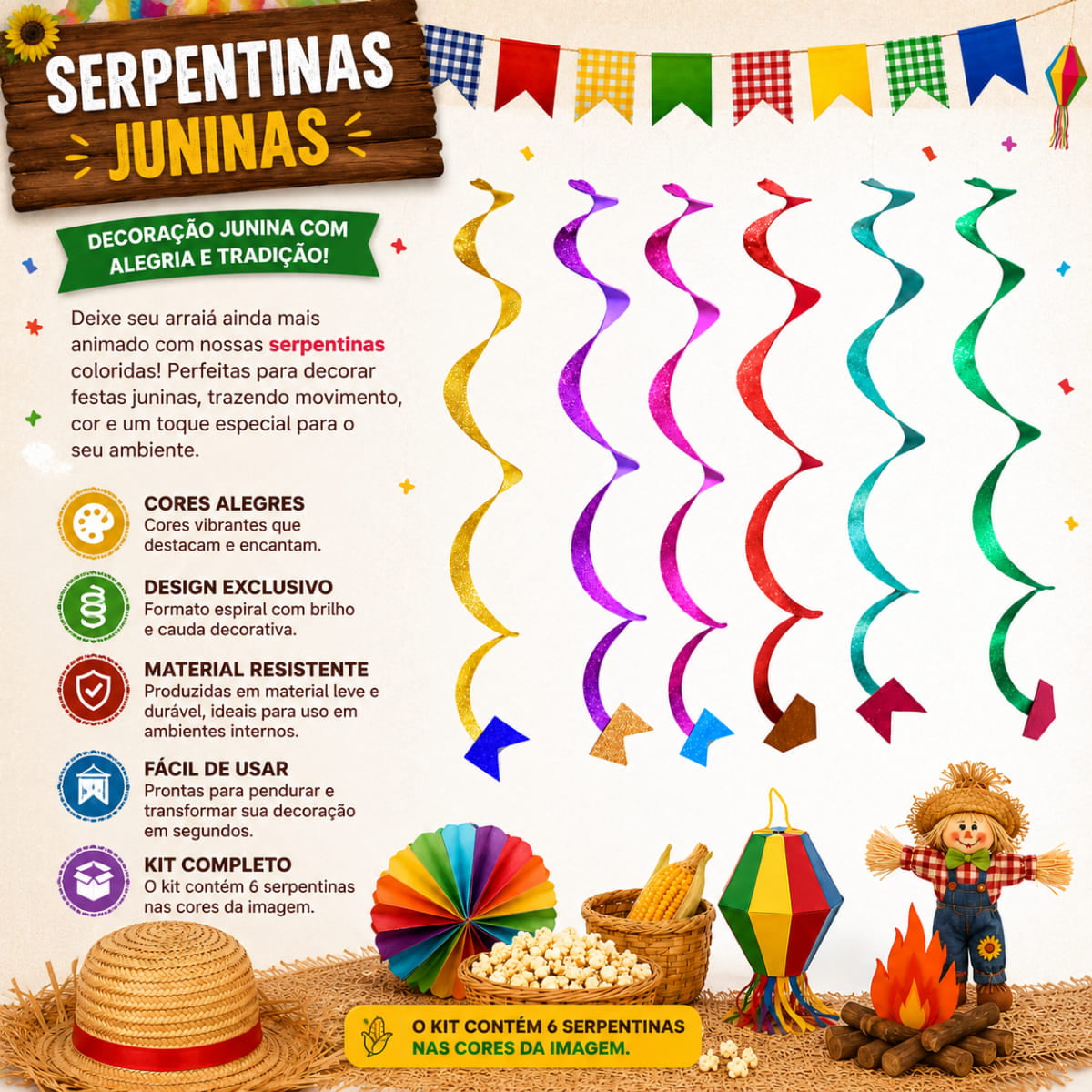 Serpentinas Glitter para Festa Junina Kit com 6 Unidades
