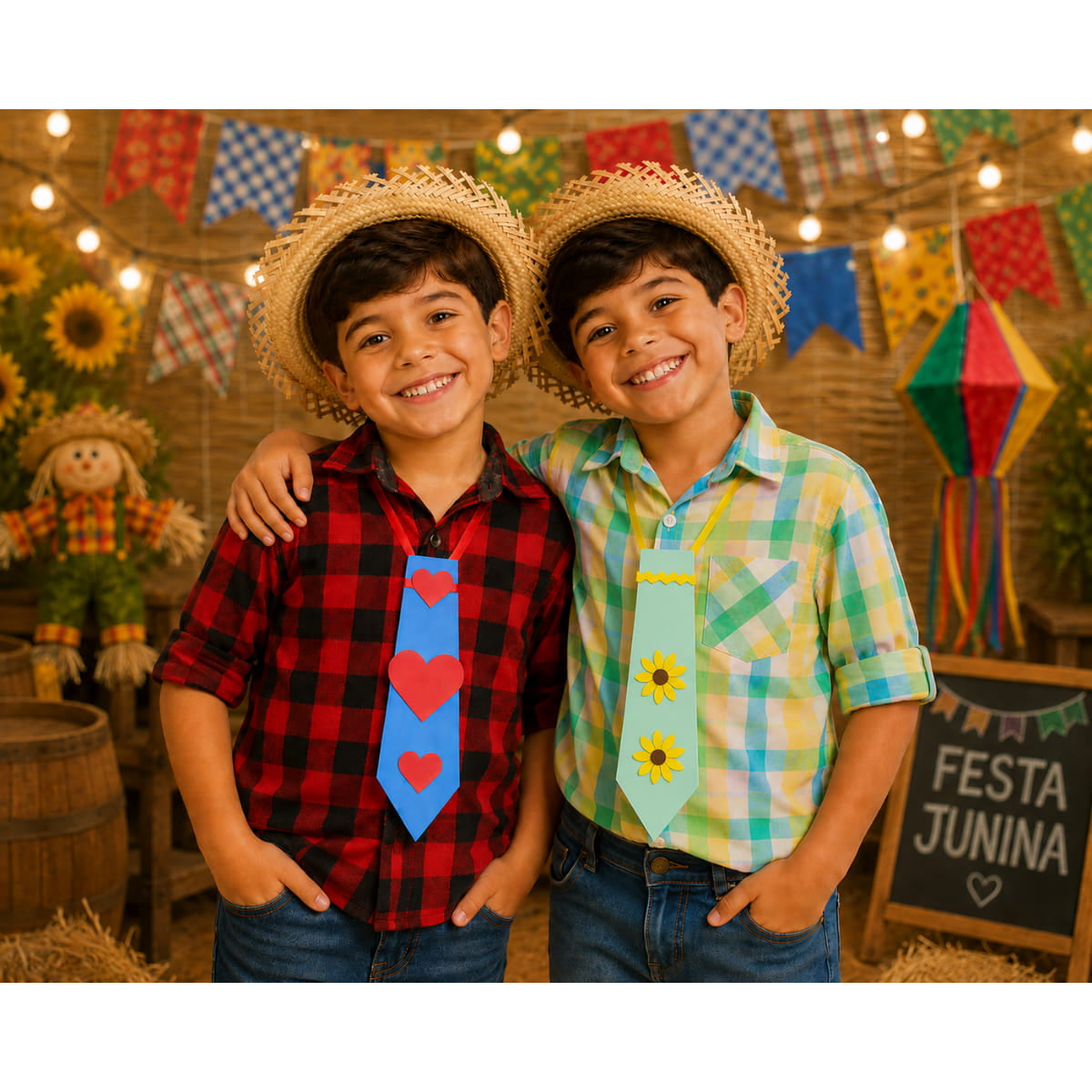 Gravata Junina Infantil Coração e Girassol