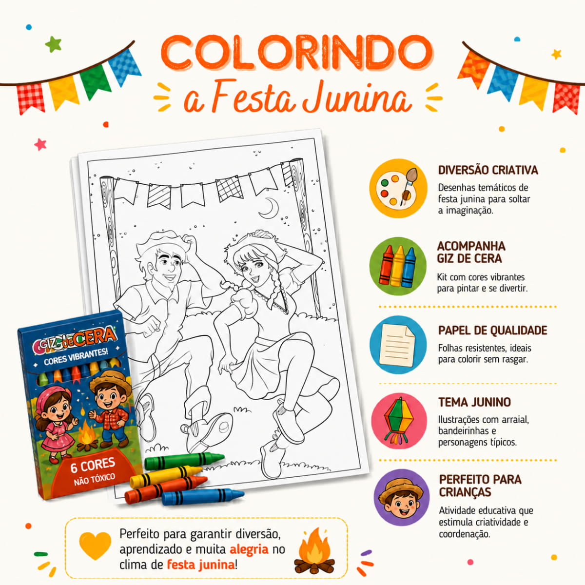 Folhas Colorindo São João com 8 Unidades e Giz