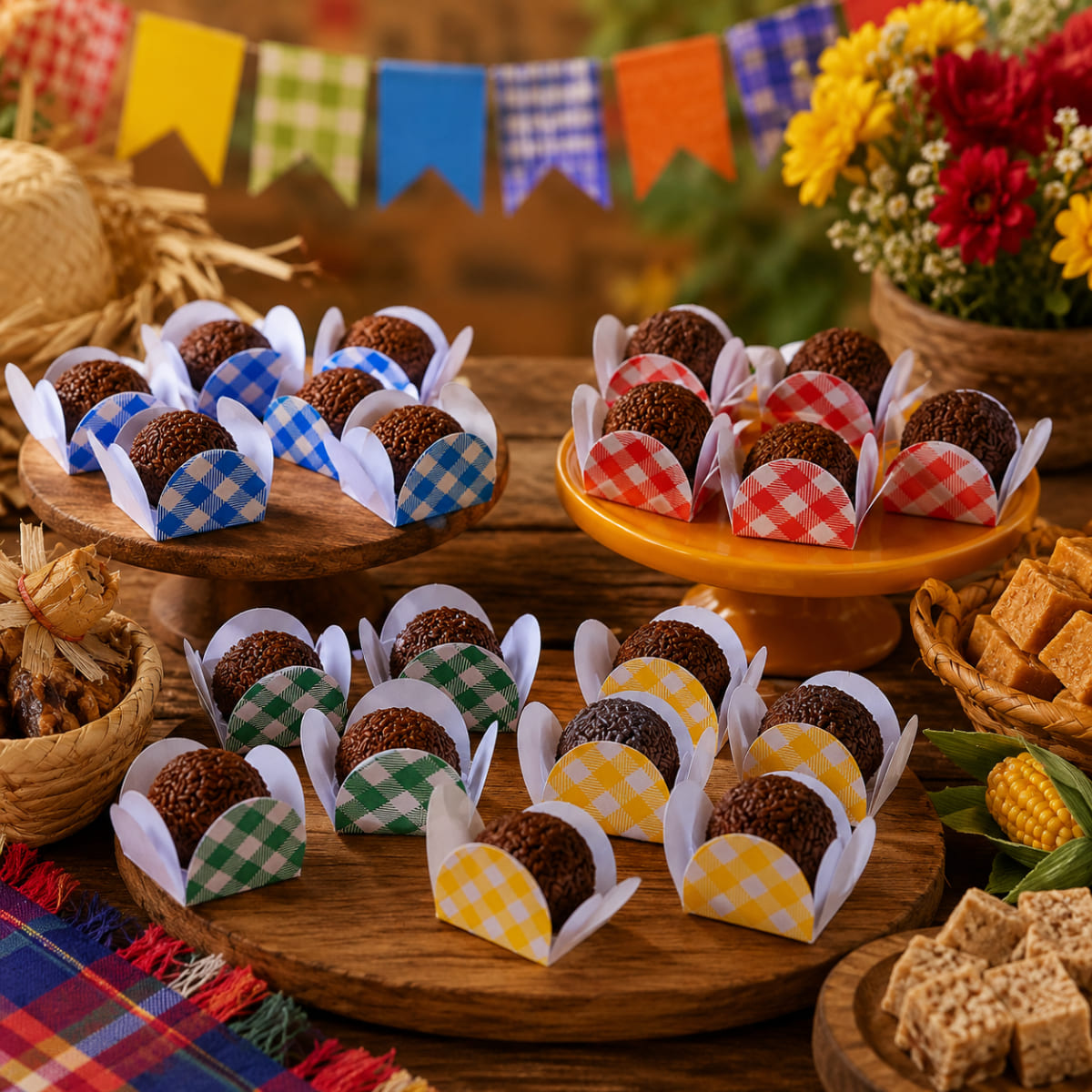 Forminha 4 Pétalas para Doces Xadrez Festa Junina 50 Unidades