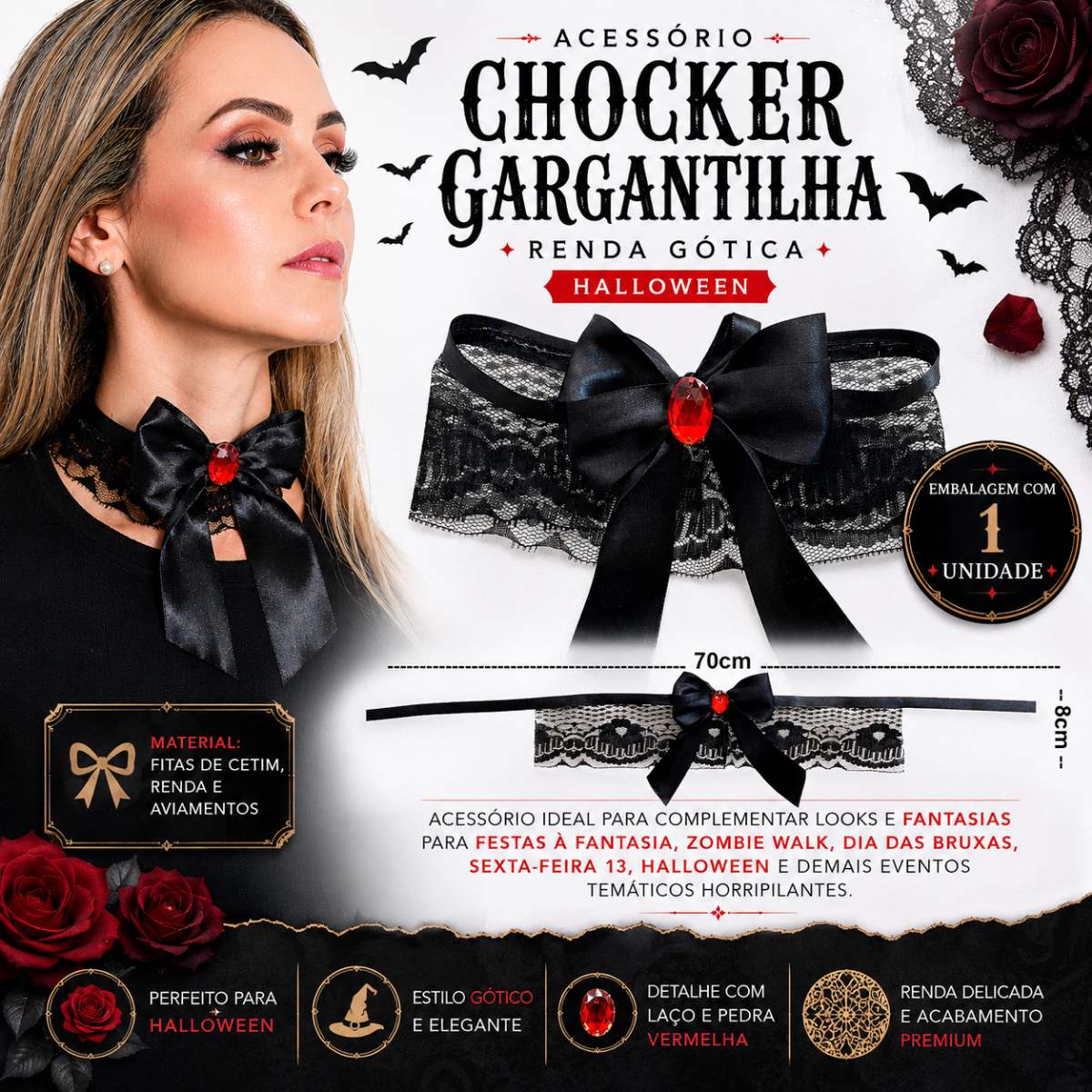 Gargantilha Choker de Renda Preta para Halloween