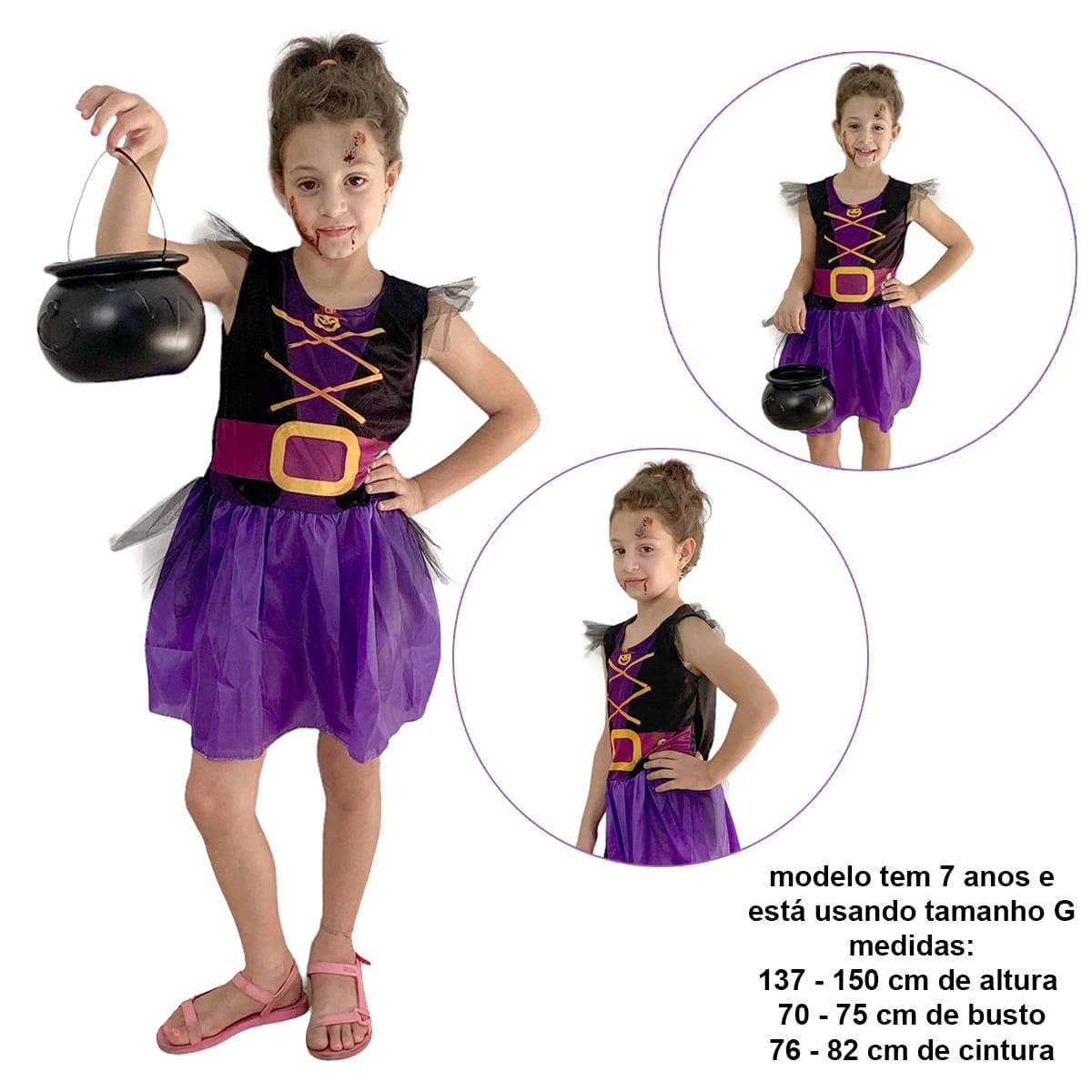 Fantasia Halloween Feminina Infantil Bruxinha Vestido de Bruxa