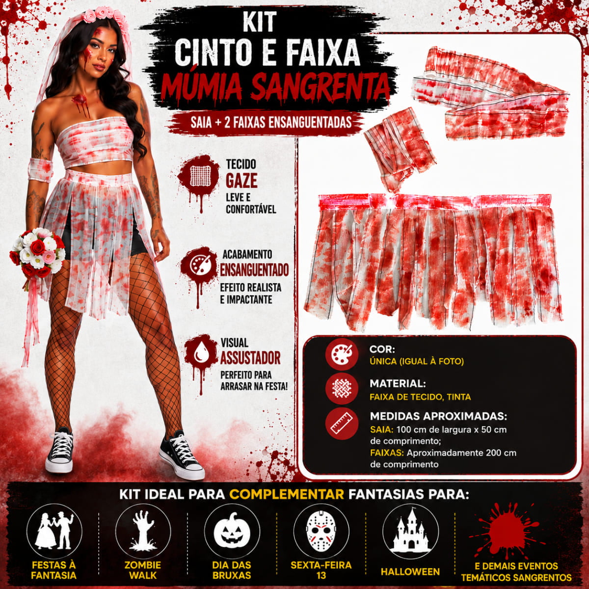 Kit Fantasia Múmia Sangrenta Halloween Cosplay