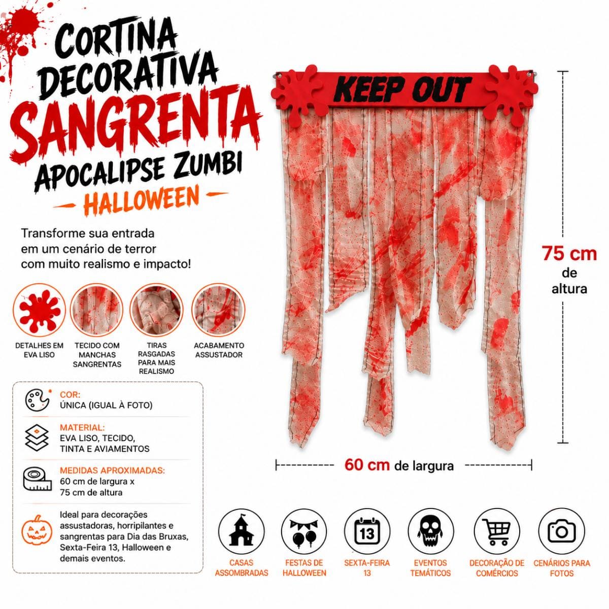 Cortina Decorativa Sangrenta Apocalipse Zumbi Halloween