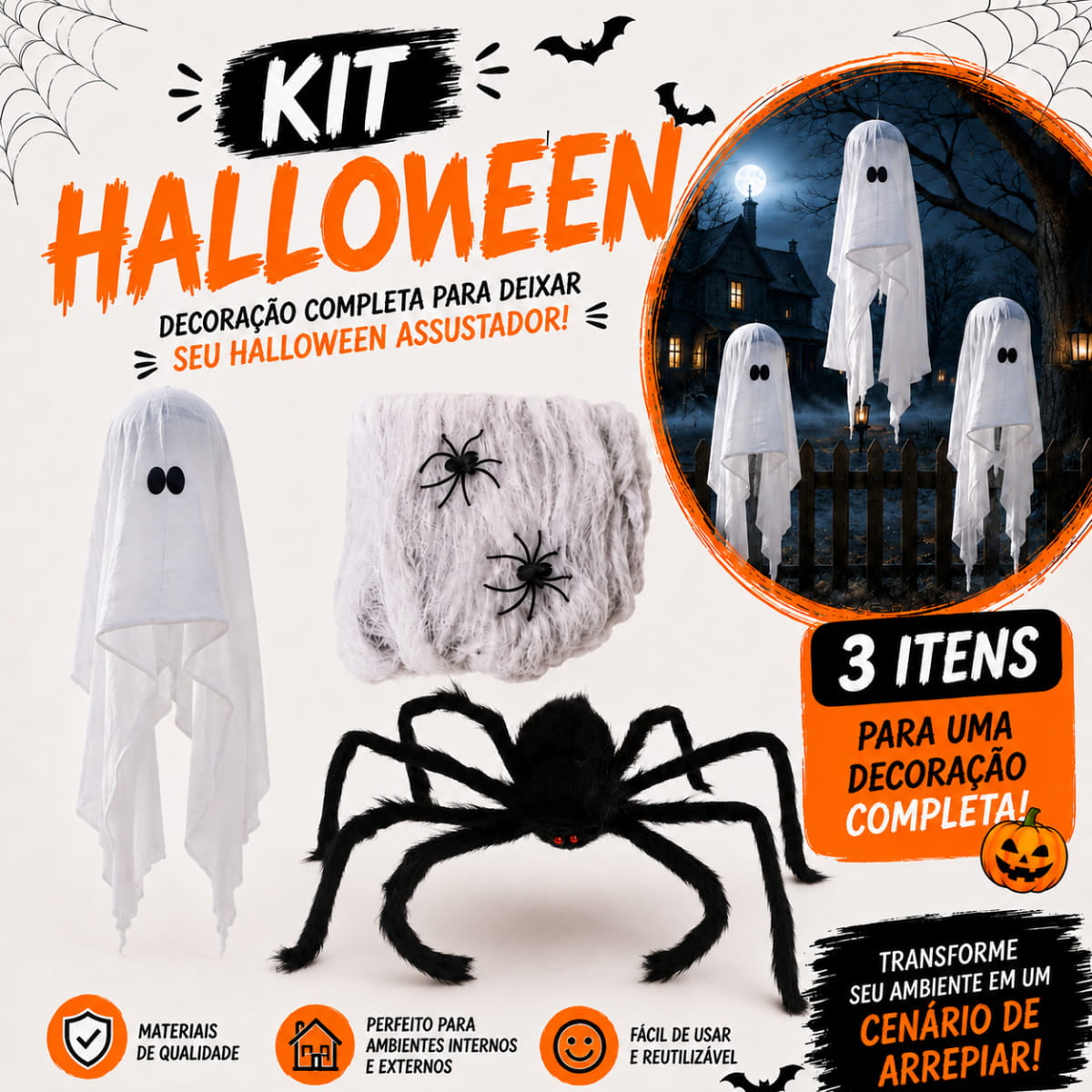 Kit Decoração de Halloween Aranha + Teia de Aranha + Fantasma