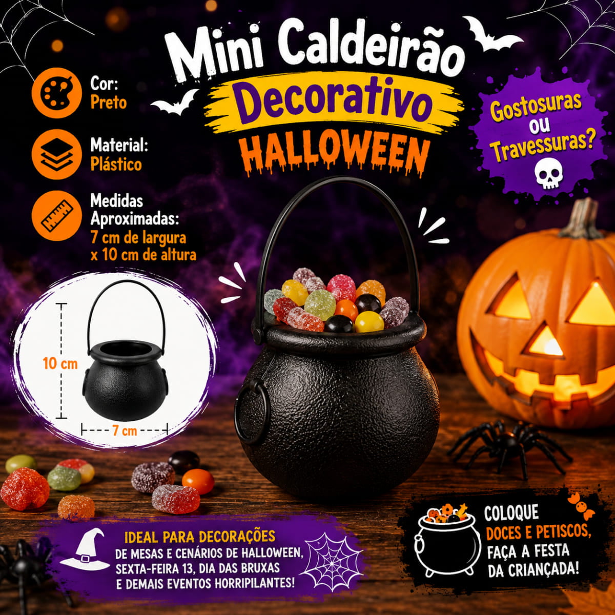 Mini Caldeirão de Bruxa Preto para Halloween