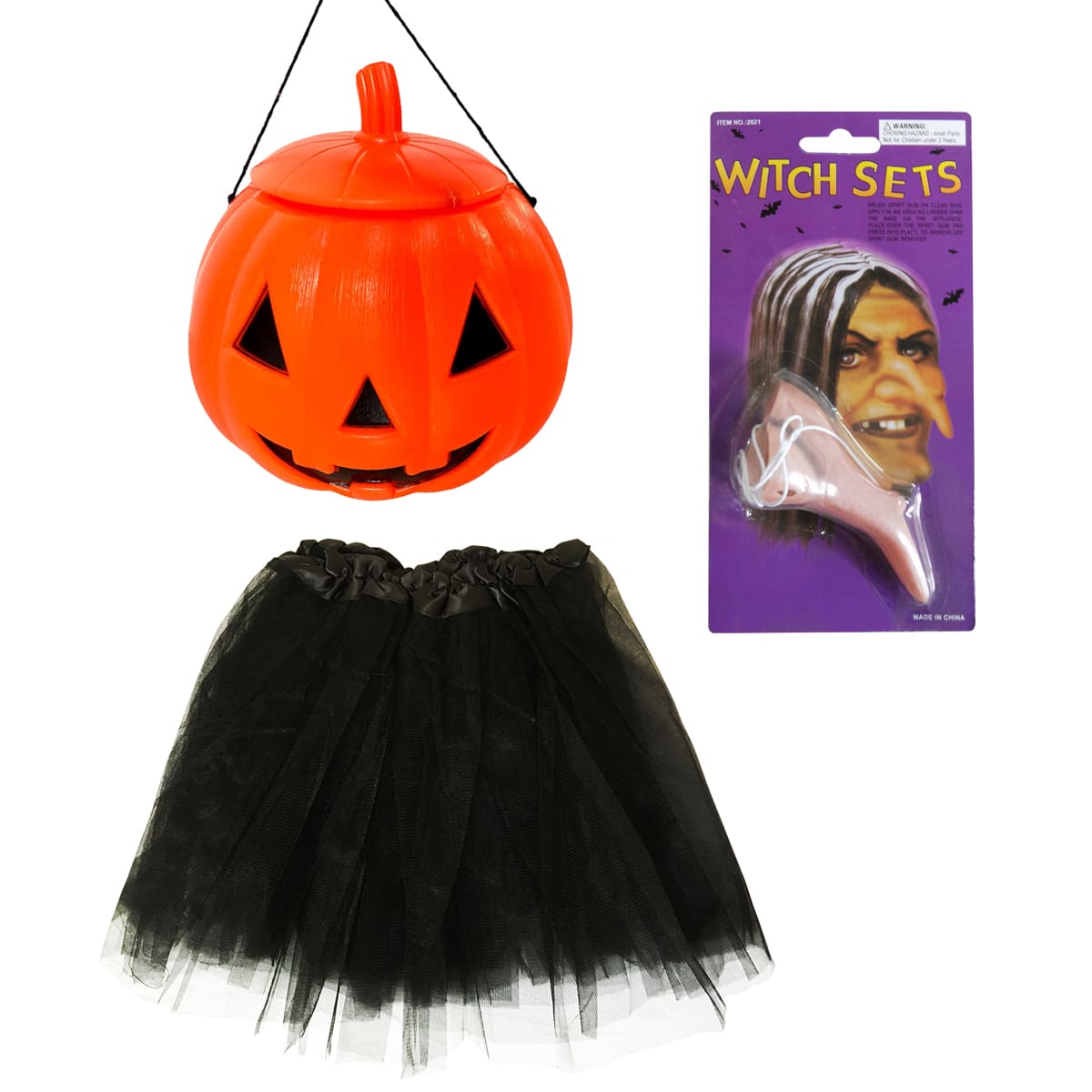 Kit 3 Itens Fantasia Bruxa Feminina Adulto Saia Balde Nariz