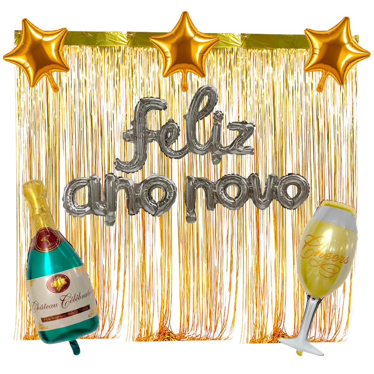 Kit Decoração Painel Feliz Ano Novo Balão Cortina Metalizada
