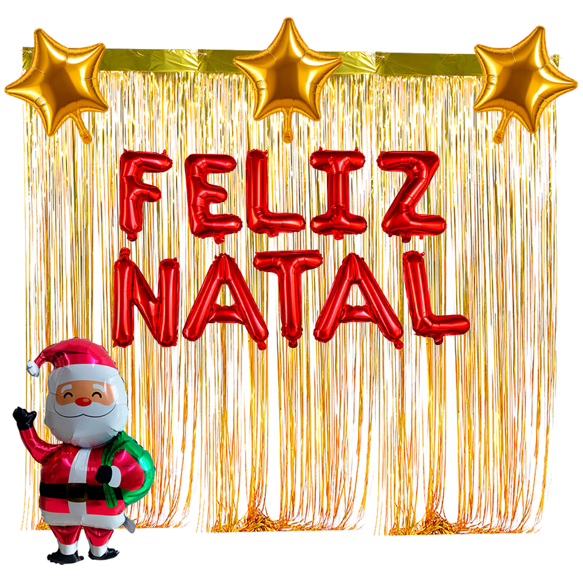Kit Decoração Painel Feliz Natal Balões Cortinas Metalizadas