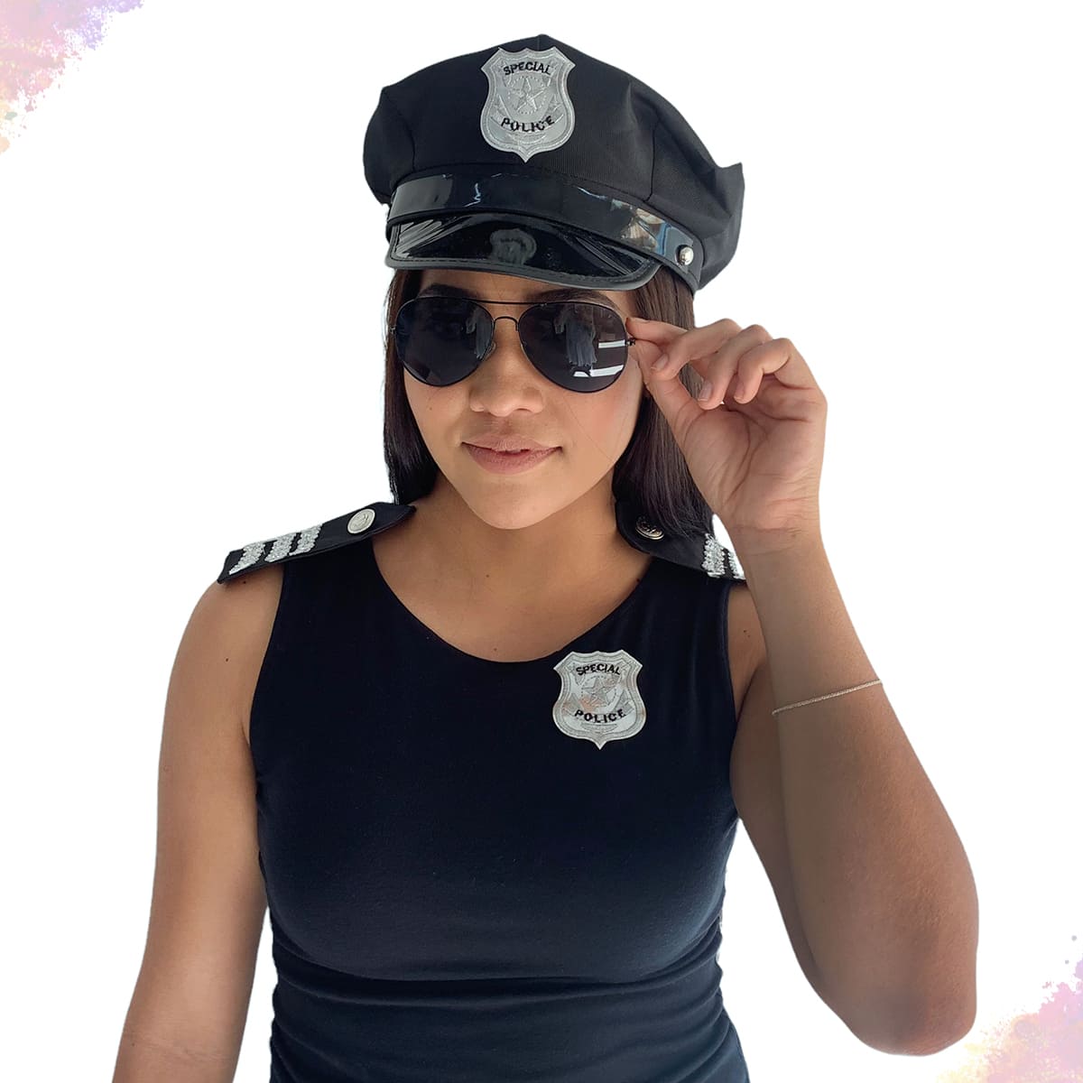 Kit Policial com Óculos Distintivo e Ombreiras