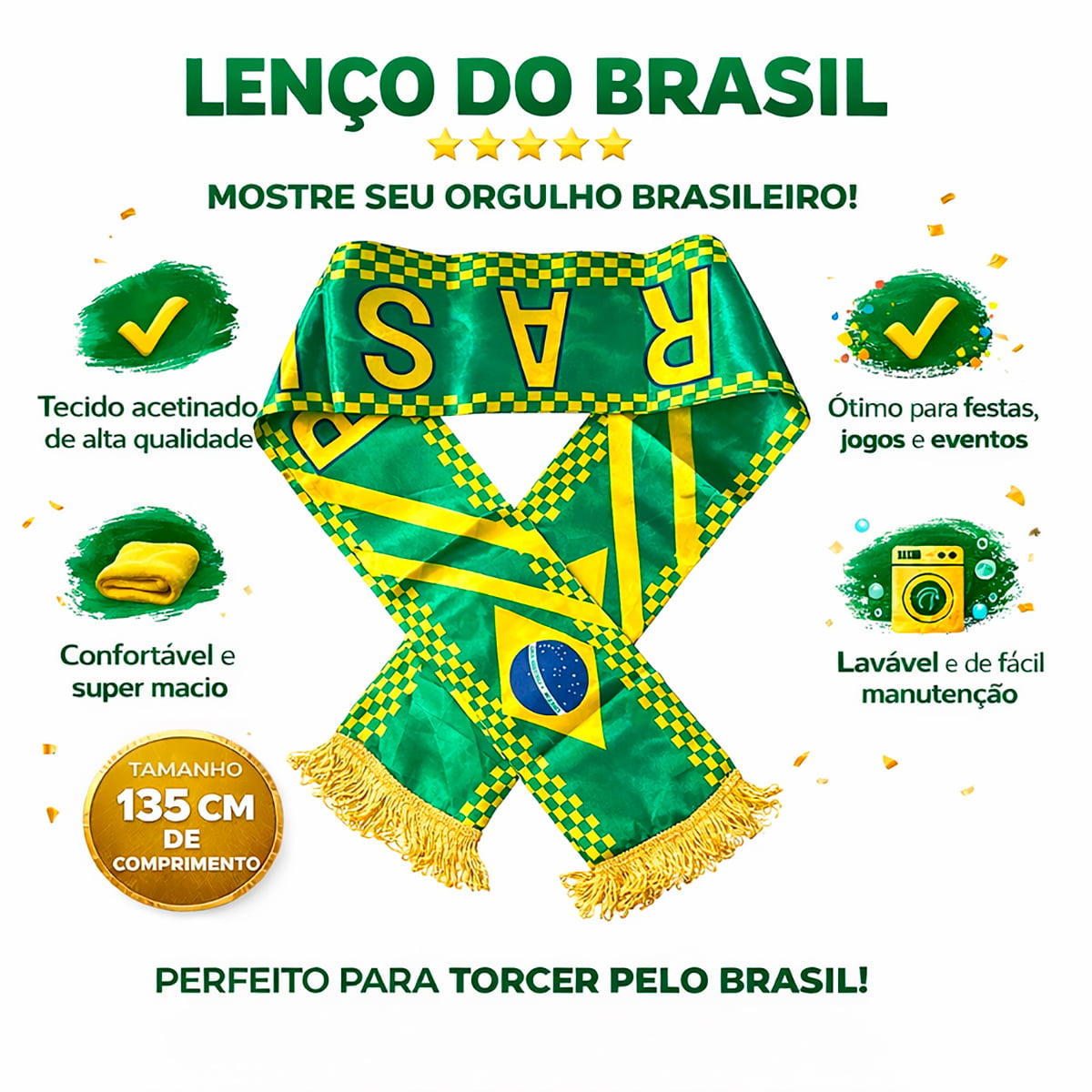 Lenço Cachecol Brasil Verde e Amarelo