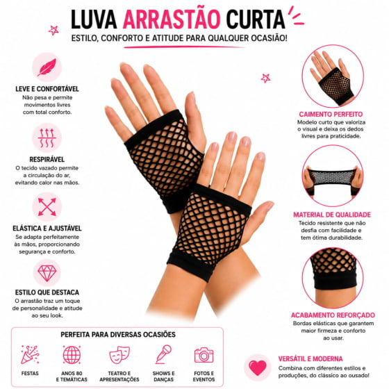 Luva Arrastão Curta Preta Fantasia Cosplay Carnaval Halloween
