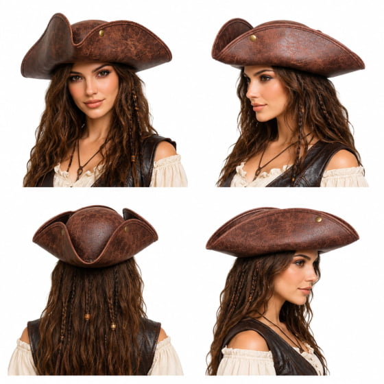 Chapéu Pirata Super Luxo Couro Sintético Marrom