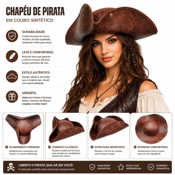 Chapéu Pirata Super Luxo Couro Sintético Marrom