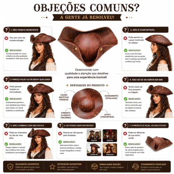 Chapéu Pirata Super Luxo Couro Sintético Marrom