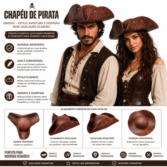 Chapéu Pirata Super Luxo Couro Sintético Marrom