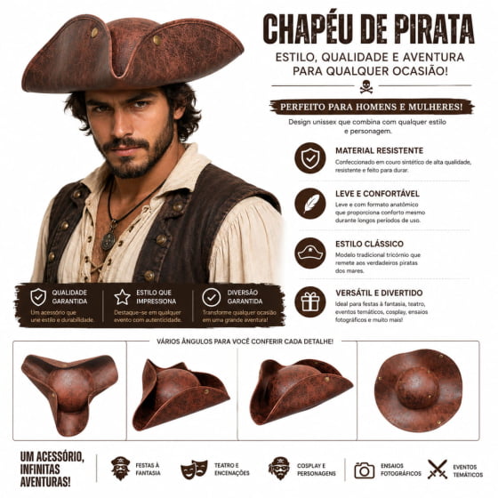 Chapéu Pirata Super Luxo Couro Sintético Marrom
