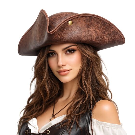 Chapéu Pirata Super Luxo Couro Sintético Marrom