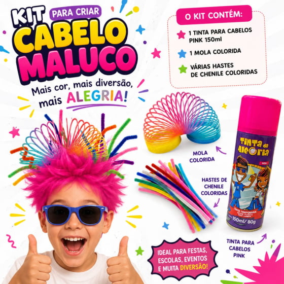 Kit Cabelo Maluco Mola Pequena, Hastes Chenille e Tinta Pink
